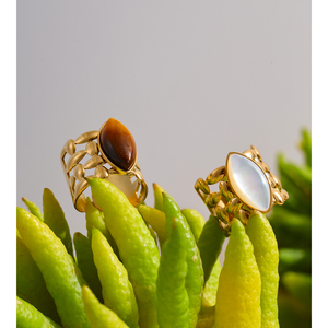JINYOU 6842 Vintage Brown Tiger Stone Natural Stone Shell <strong>Ring</strong> Adjustable Stainless Steel Hollow Design <strong>Open</strong> <strong>Ring</strong> - Product Image 2