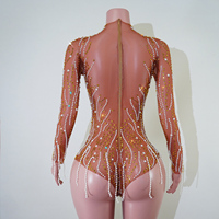 Justaucorps de scène en maille transparente à manches longues, motif flamme, col montant, orné de cristaux ambre nacrés, qualité professionnelle, pour Drag Queen et Showgirl