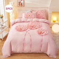 Parure de lit de mariage 3 pièces, style princesse, avec volants décontractés et fleurs 3D, comprenant housse de couette et taies d'oreiller décoratives, motif floral 3D
