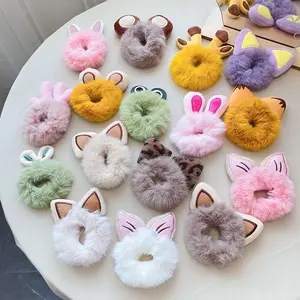 Jiamu venta al por mayor en Stock lindo Animal oreja pelo Scrunchies para mujeres niñas conejo oreja felpa Scrunchy pelo banda dulce