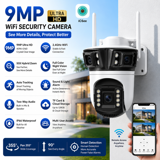 Three Lenses PTZ Camera 9MP 4K AI Tracking Auto Zoom Wireless WiFi IP66 Waterproof Outdoor Security Surveillance System