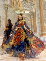 Robes de soirée formelles à col haut en tulle à manches évasées imprimées tie-dye pour filles Robes à ourlet asymétrique Robes élégantes de longueur de plancher