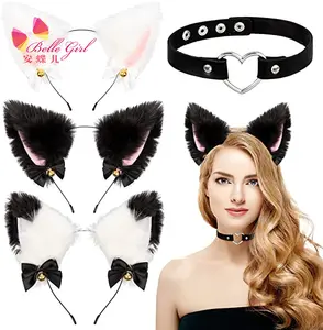 BELLEWORLD 2021 Halloween Costume Ribbon Bow Bell White Black Plush Furry Cat Ear Headband for Cosplay Party Fancy Dress