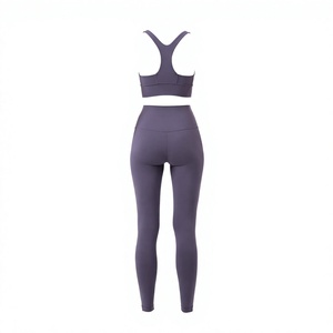 Ensemble de yoga sans couture en spandex pour femmes, leggings taille haute avec soutien-gorge de sport respirant, tenue de sport unie pleine longueur - Product Image 2