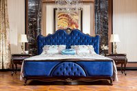 Lit de chambre à coucher robuste en bois massif sculpté, style rétro classique américain, avec revêtement en tissu floral, disponible en tailles King et Queen, pour hôtel.