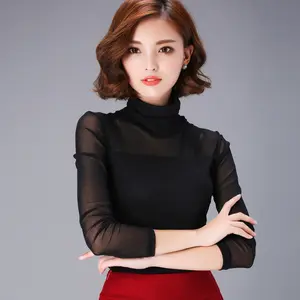 नवीनतम महिलाओं में सबसे ऊपर फैशन में सबसे ऊपर लंबी आस्तीन स्प्रिंग/शरद ऋतु कोरियाई उच्च कॉलर महिलाओं आकस्मिक टी शर्ट