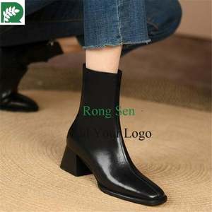 Venta caliente de invierno tendencia de moda <span class=keywords><strong>punta</strong></span> <span class=keywords><strong>cuadrada</strong></span> cuero de vaca tacones gruesos tobillo cremallera bota romana botín país niño bota - Product Image 1