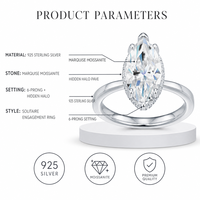 Bague de fiançailles en moissanite argentée, solitaire à six griffes, avec halo caché marquise et bande unie, pour femme, cadeau de mariage