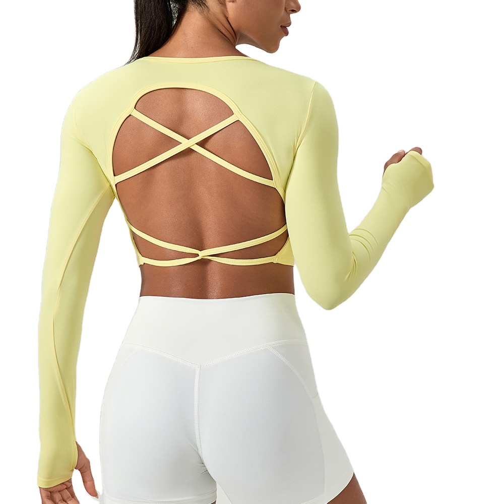 Hot Sale Women Gym Cross Back Trendy Fitness Crop Top Lace up Backless Mock Neck Long Sleeve Cropped Yoga Shirts
