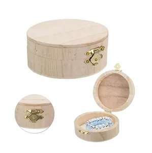 Boîte de rangement ronde en bois avec couvercle à charnière et fermoir avant pour bricolage, boîte à bijoux pour loisirs artistiques de pâques