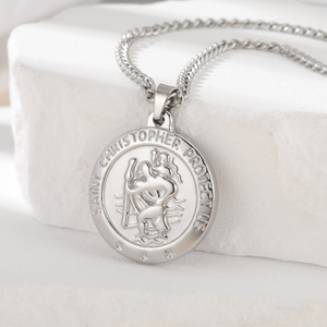 Collana con ciondolo tondo San Cristopher classica <span class=keywords><strong>catenina</strong></span> con amuleto religioso ci protegge gioielli in acciaio inossidabile - Product Image 3