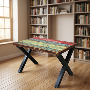Meubles anciens industriels, table de salle à manger en bois massif, support en métal en forme de X, table d'étude, table de salle à manger pour hôtel et maison - Product Image 5