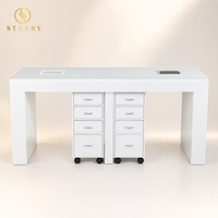 Table de manucure double pour salon de beauté avec armoires à tiroirs mobiles et deux postes de travail pour techniciennes