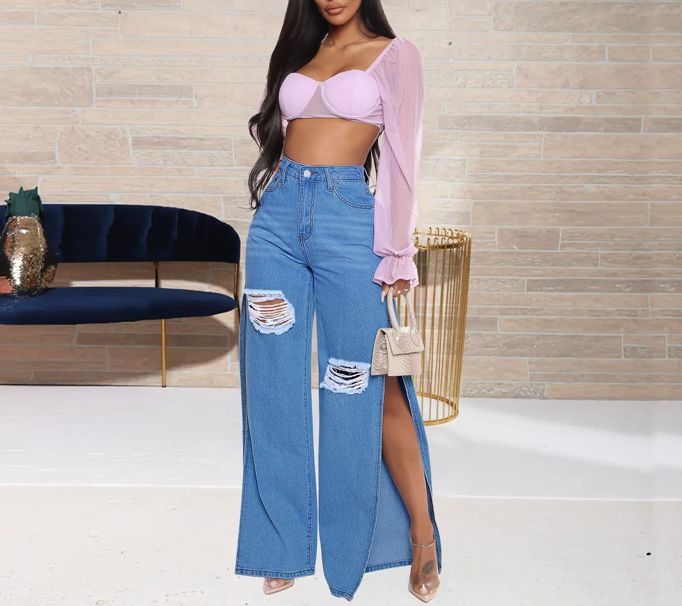 Oem Women Denim Pants Logo High Quality Cotton Washed Straight Loose Fitting Wide Leg High Waist Jeans