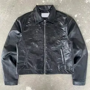 Jaket kulit pu bordir, jaket kulit timbul untuk sepeda motor, jaket ritsleting logo kustom untuk pria