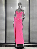 Robe bustier rose chic transfrontalière à décolleté plongeant, taille cintrée et fente, style européen et américain, robe de soirée bandage