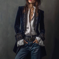 Veste longue en velours marine brodée avec poignets ornés pour femme, style vintage, vêtement d'extérieur d'automne, personnalisable, marque privée, OEM