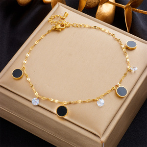 Minimalist Black Enamel Round Disc Anklet Stainless Steel Teardrop Crystal Dangle Thin Ankle Chain Gold Plated Anklets for Women - Product Image 2