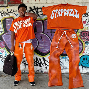 OEM Acid Wash Sweat Suit Jogger Tracksuit <strong>Short</strong> Sleeve Cropped Boxy Custom Patch 2 Piece <strong>T</strong> <strong>Shirt</strong> <strong>and</strong> Pants <strong>Set</strong> <strong>Men</strong> - Product Image 1