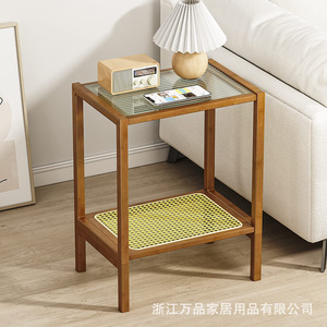 <b>Glass</b> Top Bamboo <b>Side</b> <b>Table</b> With Storage Shelf For Bedroom Nightstand Durable Natural Brown - Product Image 4
