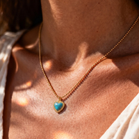 Pendentif Cœur Turquoise pour Femme, Collier à Chaîne à Billes Plaqué Or en Acier Inoxydable 304, Réglable, Fait Main