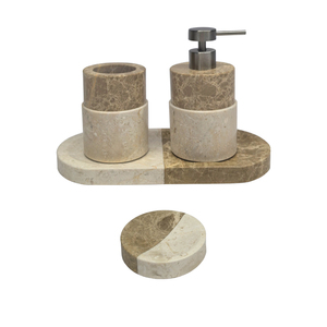 Ensemble d'accessoires <span class=keywords><strong>de</strong></span> <span class=keywords><strong>salle</strong></span> <span class=keywords><strong>de</strong></span> <span class=keywords><strong>bain</strong></span> 4 pièces en marbre couleur marron clair/beige centenaire <span class=keywords><strong>de</strong></span> haute qualité avec distributeur <span class=keywords><strong>de</strong></span> savon - Product Image 1