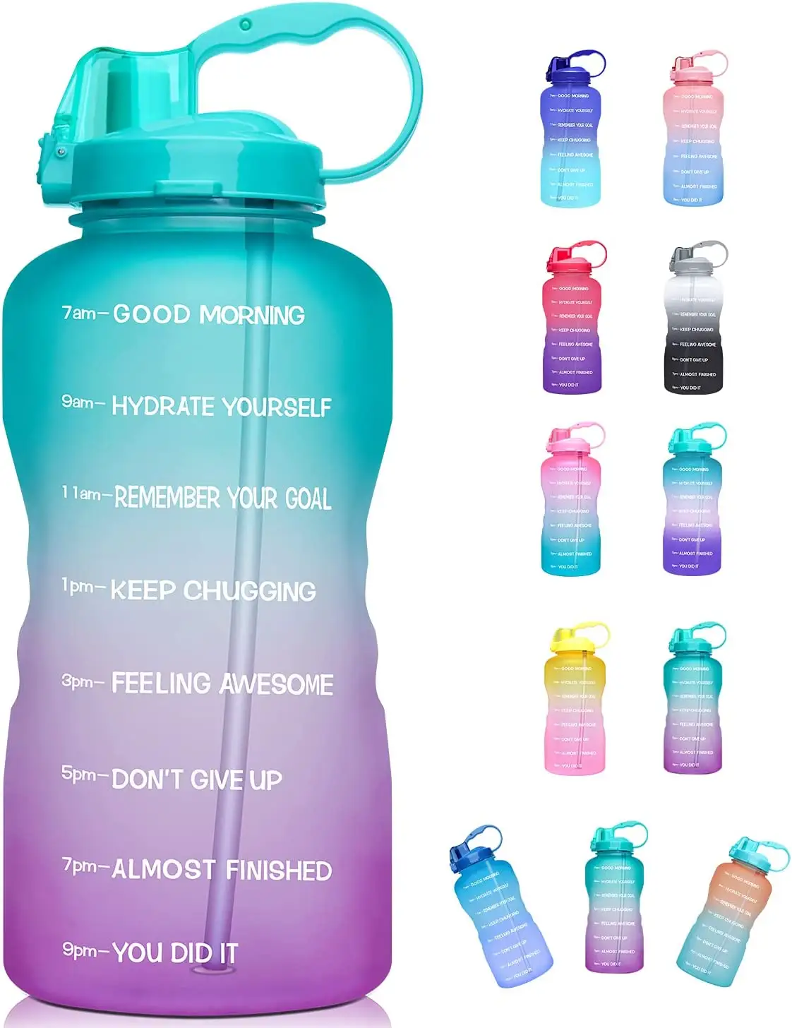 3.78L Large Gallon Water Bottle with Time Marker & Straw, Tritan BPA Free Motivational Outdoor Sports Water Bottle