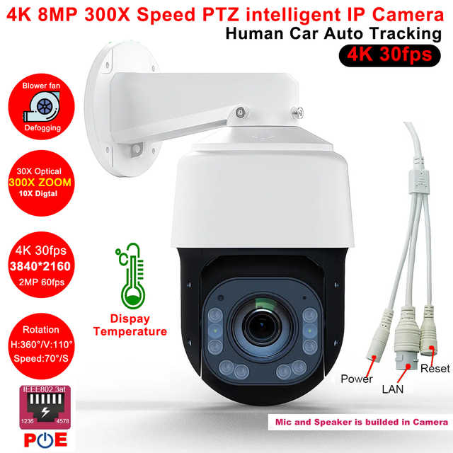 4K 8MP 30fps 150X ZOOM POE Speed Dome PTZ IP Camera IP66 Audio Smart Tracking Hik Compatible 30X Optical Zoom CCTV Camera
