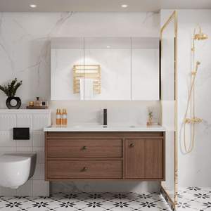 Armoire de salle de bain intégrée en bois massif, style moderne noyer céramique Bassin de style médiéval pour le lavage des mains et du visage Hôtels classiques - Product Image 1
