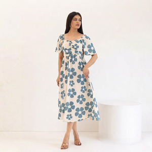 Robe midi à manches courtes à imprimé floral, col carré, coupe ample, style décontracté, robe d'été, tissu tissé respirant, 100% coton - Product Image 1