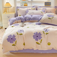 Ensemble de housse de couette et de drap de lit en polyester froissé imprimé floral violet Queen 4 pièces bon marché