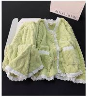 Nouvel ensemble de pyjama d'hiver en polaire avec cardigan en dentelle, chaud et décontracté pour femme, col en V, grandes poches, vêtements d'intérieur doux et épais