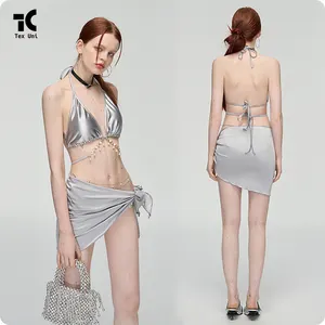 Biquíni de luxo sensível à luz, biquíni triangular com joias e saia, roupa de praia para meninas, novidade da moda, 2024, imperdível