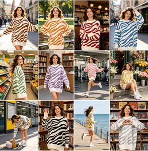 Women's Patchwork Print Oversized Crew Neck Long Sleeve Casual <strong>Pullover</strong> Anti-Pilling Anti-Wrinkle Anti-Shrink Knit Sweater - Product Image 2