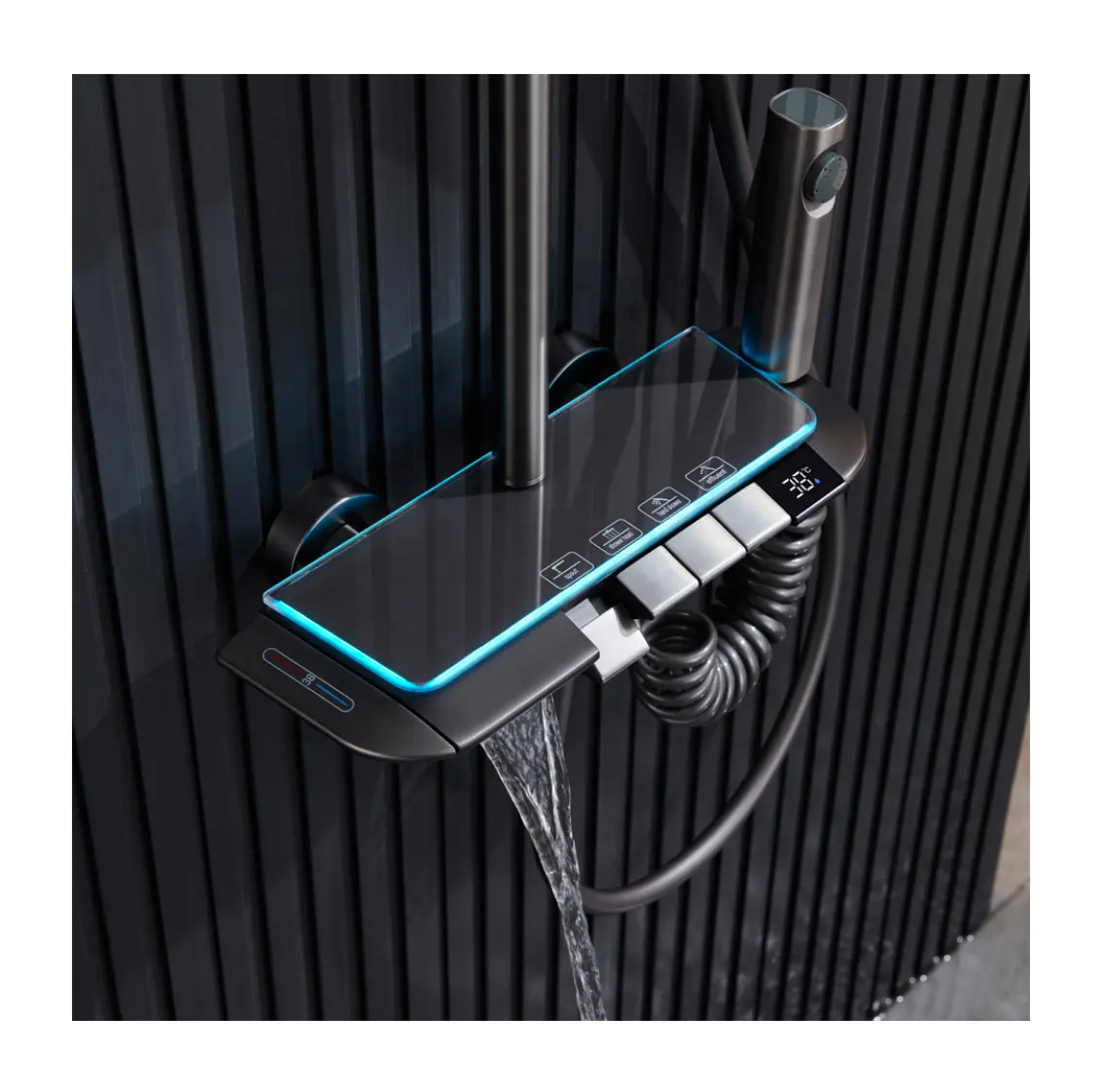 2024 nuevo producto cabezal de ducha de lluvia Control de tecla de Piano pantalla Digital pistola de luz Led gris juego de ducha de baño de la mejor calidad