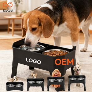 Elecpet mangkuk hewan peliharaan ganda 4 tinggi dapat diatur antiselip besar mangkuk makanan kucing anjing naik 304 baja tahan karat dengan desain kustom hitam - Product Image 1