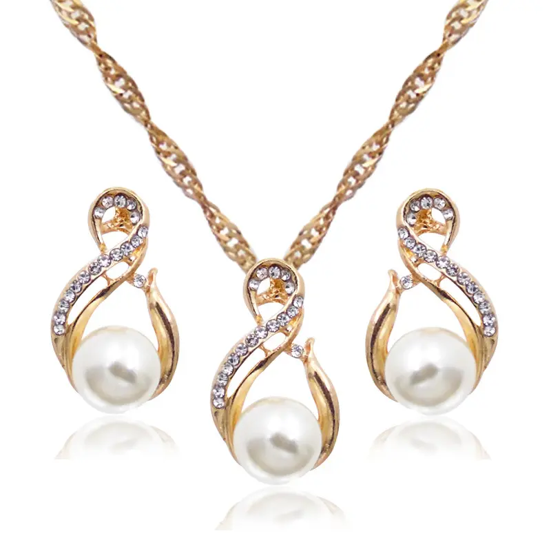 Wedding Bridal Accessories Jewelry Geometric Figure 8 Pearl and Diamond Necklace and Earrings Set fashion jewelry wholesale