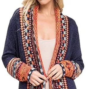 2024 Custom Wholesale Winter Knit Bohemian Open Front Sweater Aztec Tribal Fringe Coat Oversized Cardigan For Women