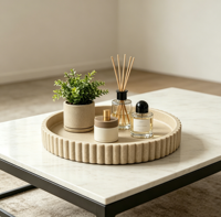 Plateau rond cannelé en résine beige grain de sable, décoratif et multifonctionnel, pour rangement de bijoux et accessoires de salle de bain