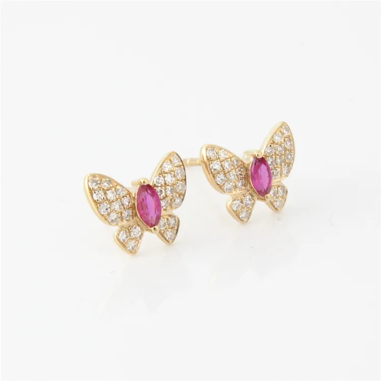 Pure Gold Jewelry 18k Natural Ruby With Diamond Fashion Butterfly Stud Earrings