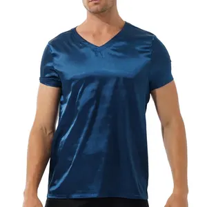 Camiseta masculina de cetim de manga curta, solta, pijamas, roupa de dormir