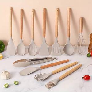 <b>Silicone</b> Tableware Khaki Utensil Wooden Handle Safe Cookware Non-Stick Kitchen <b>Tool</b> Set - Product Image 2