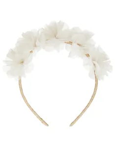 Conjunto de tiara para cabelo, flor de chiffon branco com glitter e corpete