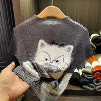 T-shirt d'été plissé en polyester imprimé motif chat mignon, coupe ample et respirante pour femme