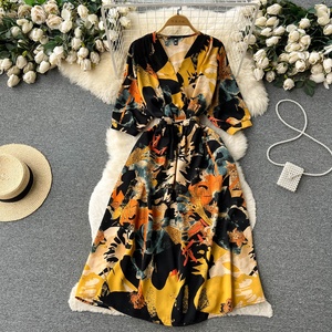 Nuovo <span class=keywords><strong>Abito</strong></span> Estivo Casual in Chiffon con Stampa Floreale, Maniche Corte <span class=keywords><strong>e</strong></span> Scollo a V - Product Image 1
