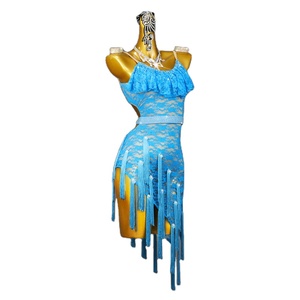 Abito da competizione di danza latina 2026 29L blu lago in seta/cotone professionale per donne adulte per esami artistici - Product Image 3