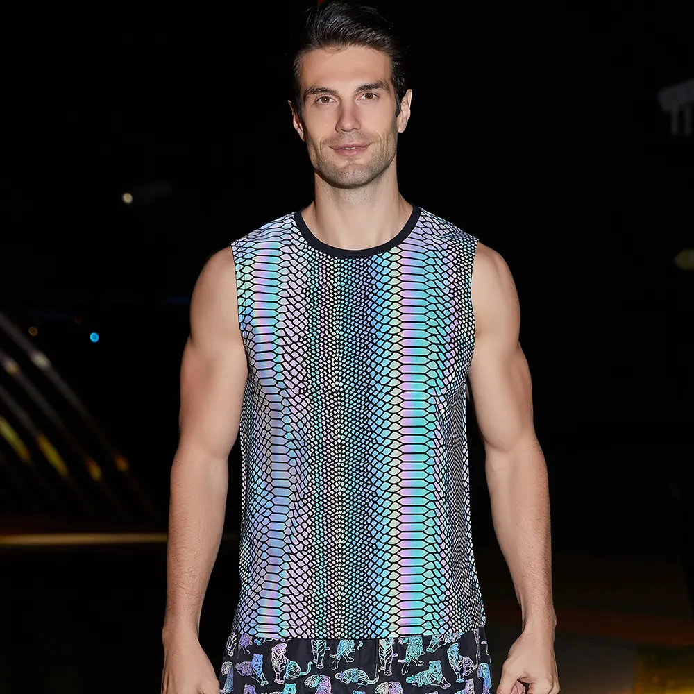 Polyester mens night running sport gym fit training full print visibility reflective rainbow vest top tank t shirt wear t-shirt