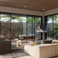 Conception d'intérieur de villa moderne minimaliste avec vue sur la mer, rendu 3D, décoration intérieure, directement de l'usine