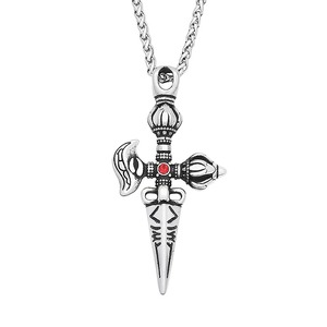 yunnique Men's Stainless Steel <b>Cross</b> Pendant Necklace With Red Stone And Sword Design For Punk Fashion - Product Image 5