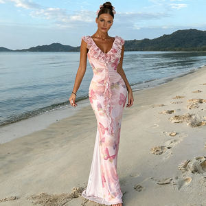 Vestido Maxi de Malla con Estampado de Mariposas para Mujer, Cuello con Volantes, Detalle de Lazo, Cintura Ajustada, Cola de Pez, Elegante, Casual, para Vacaciones - Product Image 3